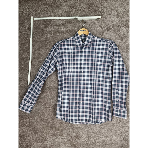 Karl Lagerfeld Mens Slim Fit Navy Plaid Button-Up Shirt Long Sleeves Cotton Blend Size 39