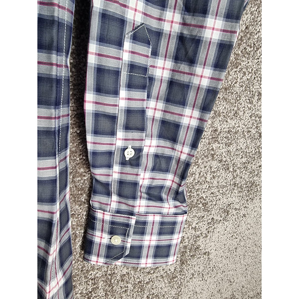 Karl Lagerfeld Mens Slim Fit Navy Plaid Button-Up Shirt Long Sleeves Cotton Blend Size 39