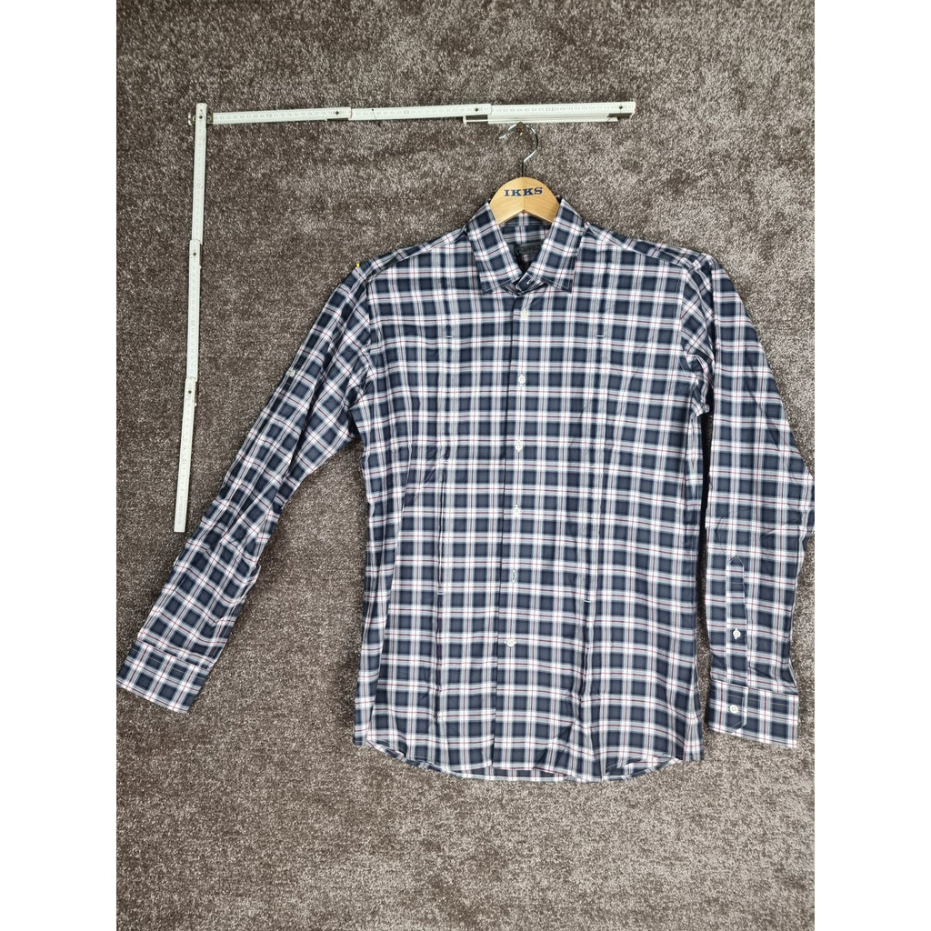 Karl Lagerfeld Mens Slim Fit Navy Plaid Button-Up Shirt Long Sleeves Cotton Blend Size 39