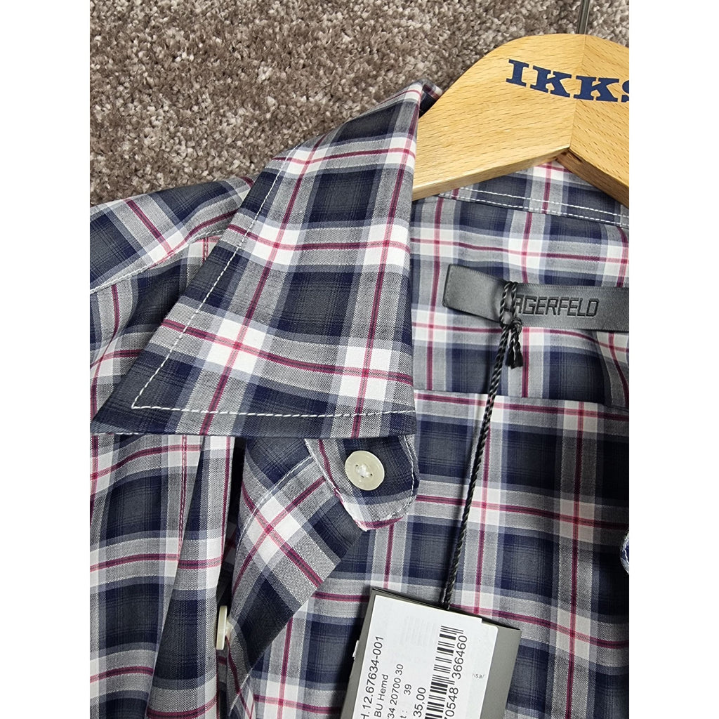 Karl Lagerfeld Mens Slim Fit Navy Plaid Button-Up Shirt Long Sleeves Cotton Blend Size 39