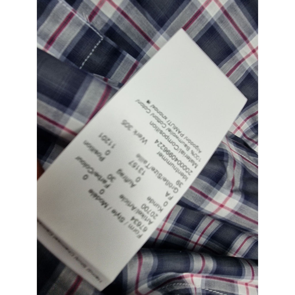 Karl Lagerfeld Mens Slim Fit Navy Plaid Button-Up Shirt Long Sleeves Cotton Blend Size 39