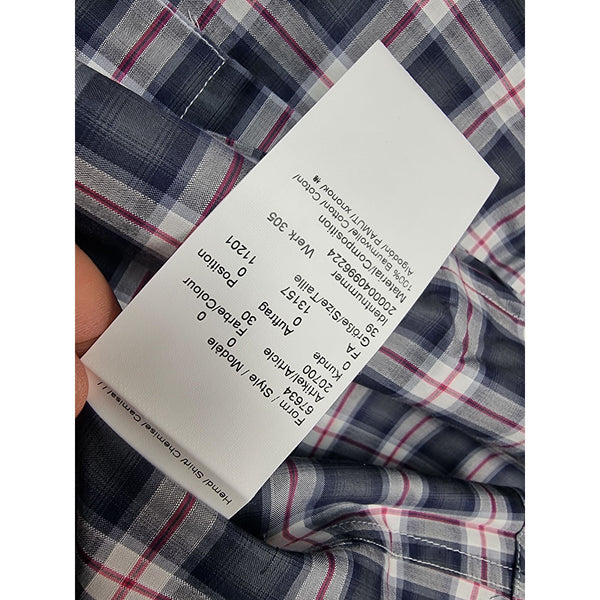 Karl Lagerfeld Mens Slim Fit Navy Plaid Button-Up Shirt Long Sleeves Cotton Blend Size 39