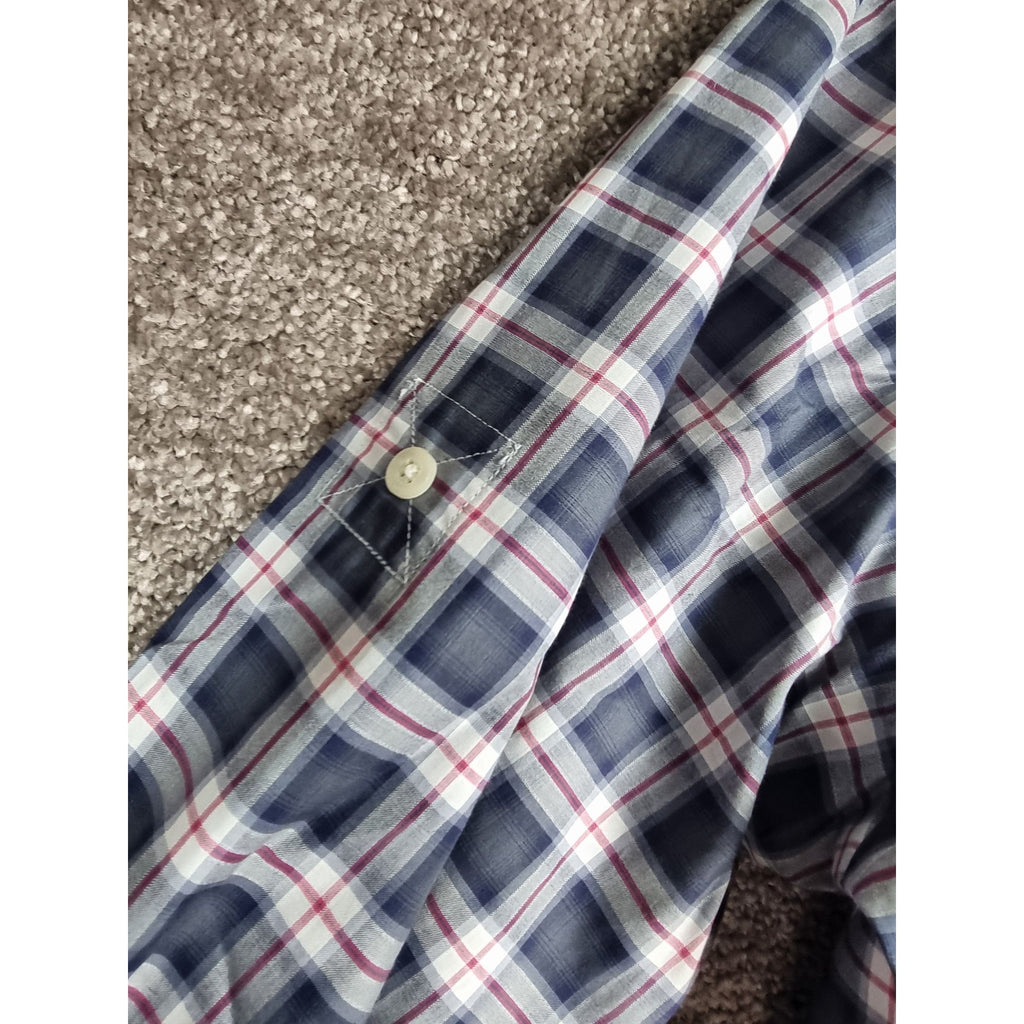 Karl Lagerfeld Mens Slim Fit Navy Plaid Button-Up Shirt Long Sleeves Cotton Blend Size 39