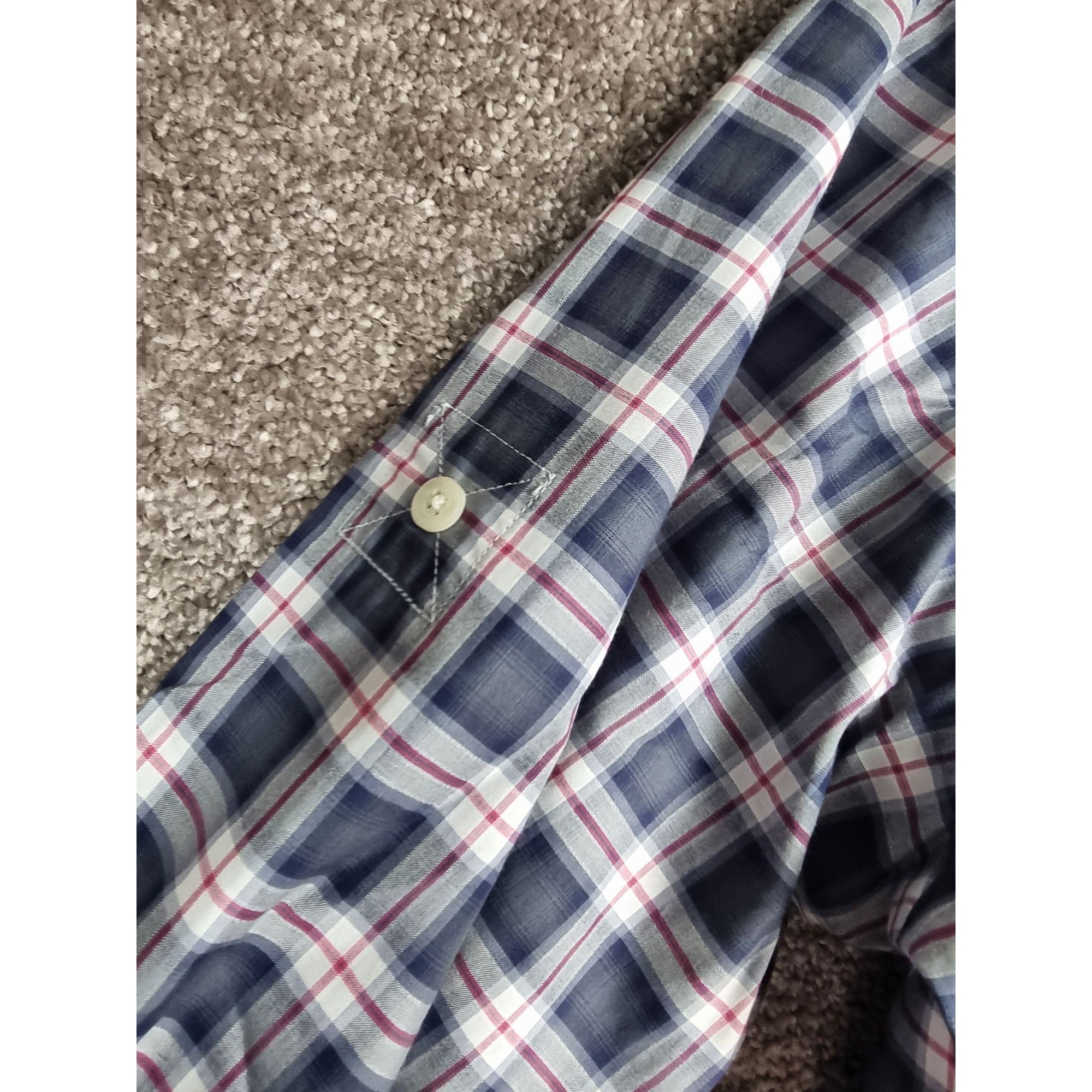 Karl Lagerfeld Mens Slim Fit Navy Plaid Button-Up Shirt Long Sleeves Cotton Blend Size 39